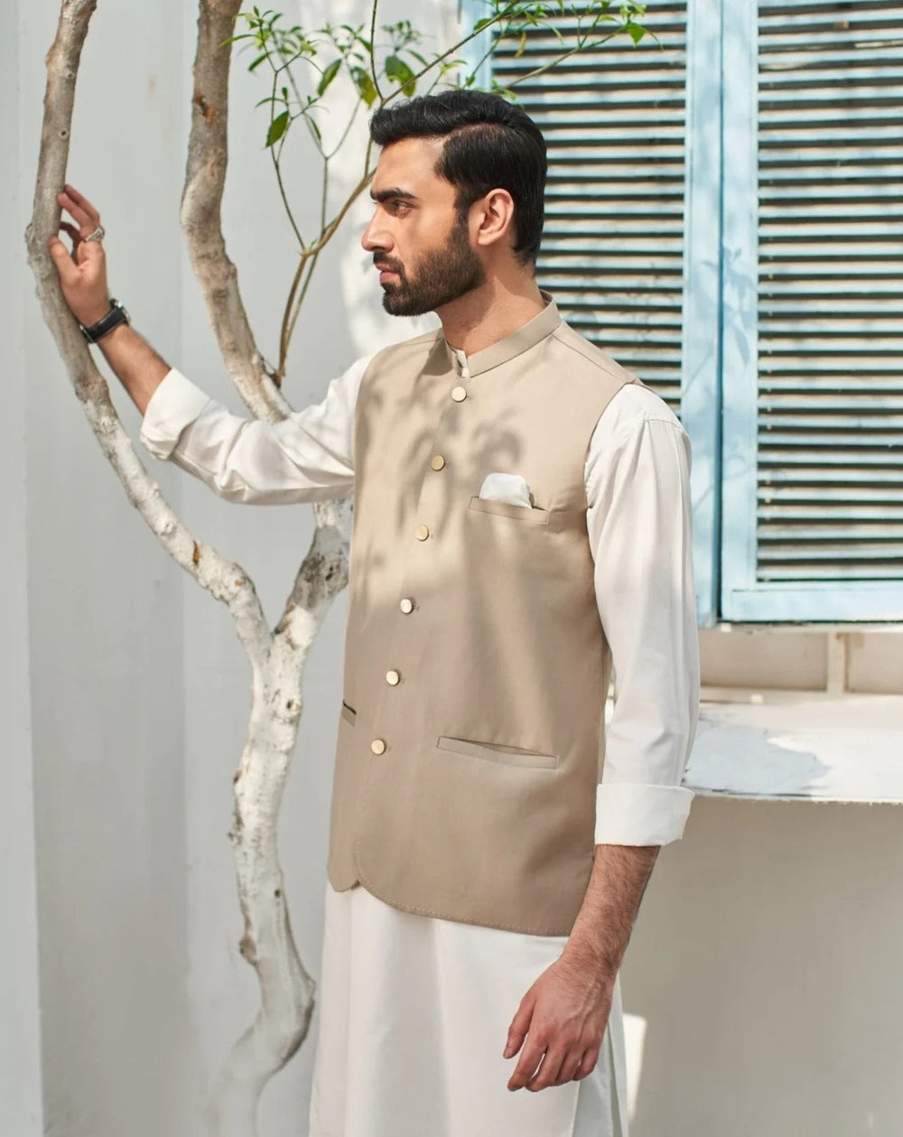 Muraqsh Plain Off White Blended 3 Piece Suit