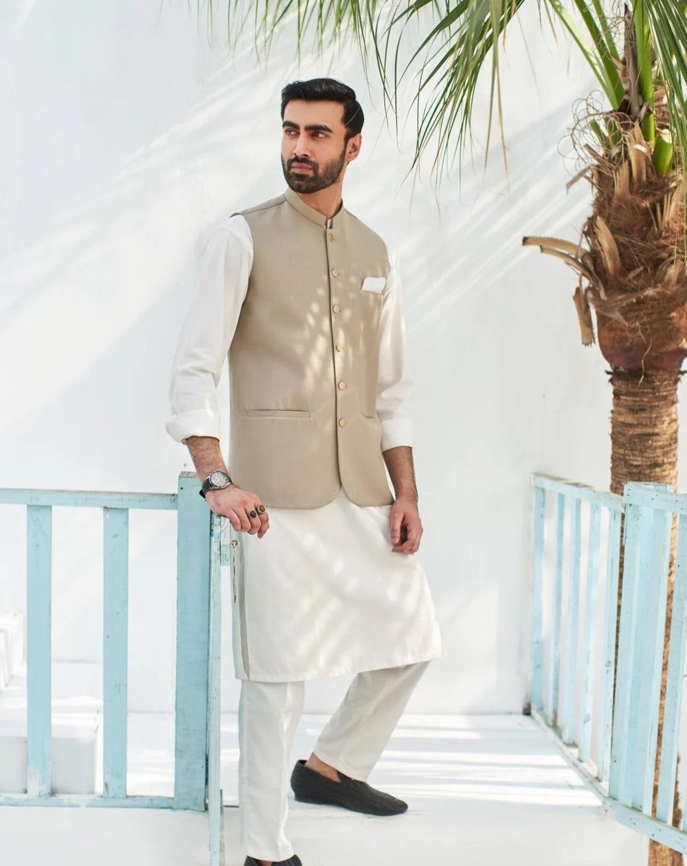 Muraqsh Plain Off White Blended 3 Piece Suit