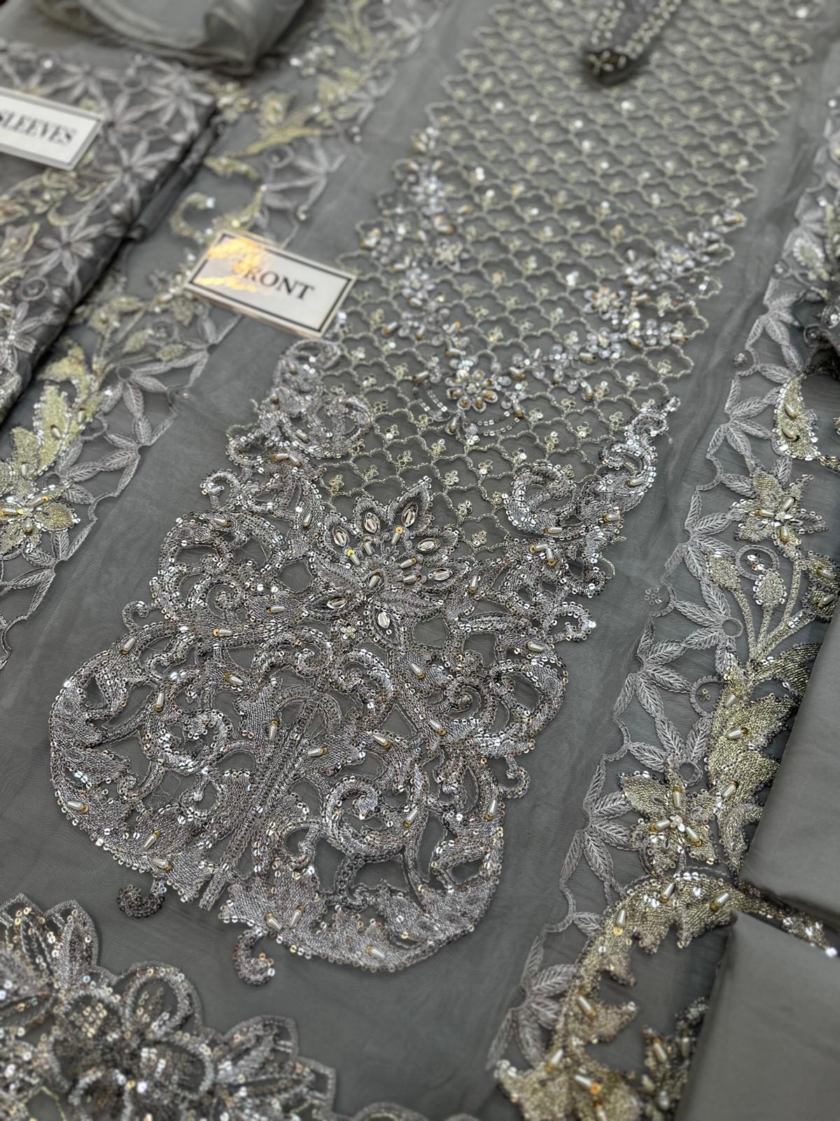 Pakistani Steel Grey Embroidered Organza Dress
