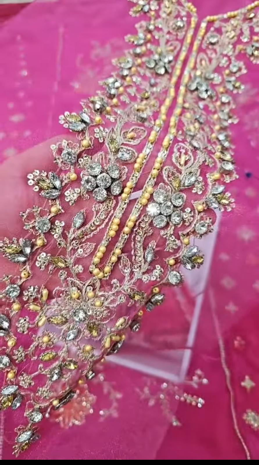 Pakistani Chiffon Hot Pink Embroidered Dress Made On Custom Order